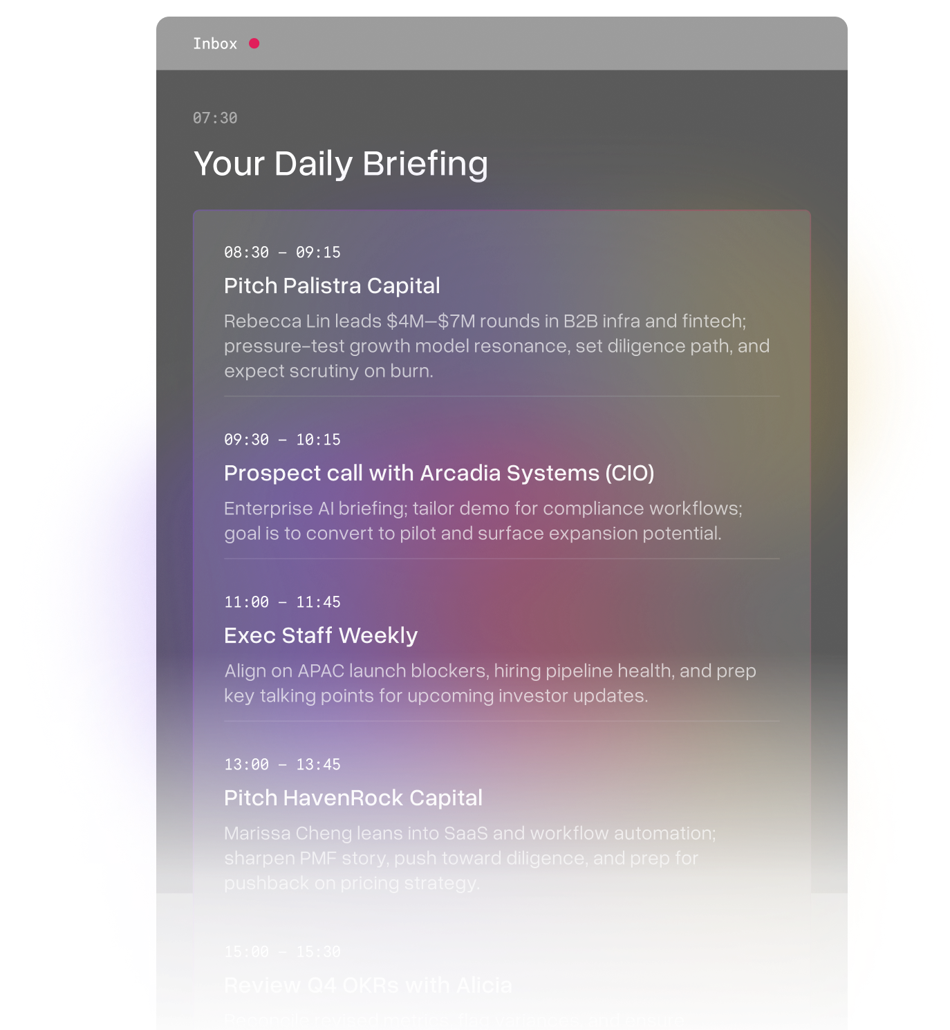 The Ambient Daily Briefing showing a day of meetings with descriptors to help tackle the day